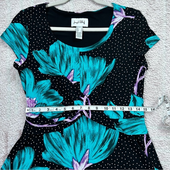 Joseph Ribkoff Black Dress Teal Floral Design Polka Dot Stretch Jersey Size 10 - Picture 6 of 12